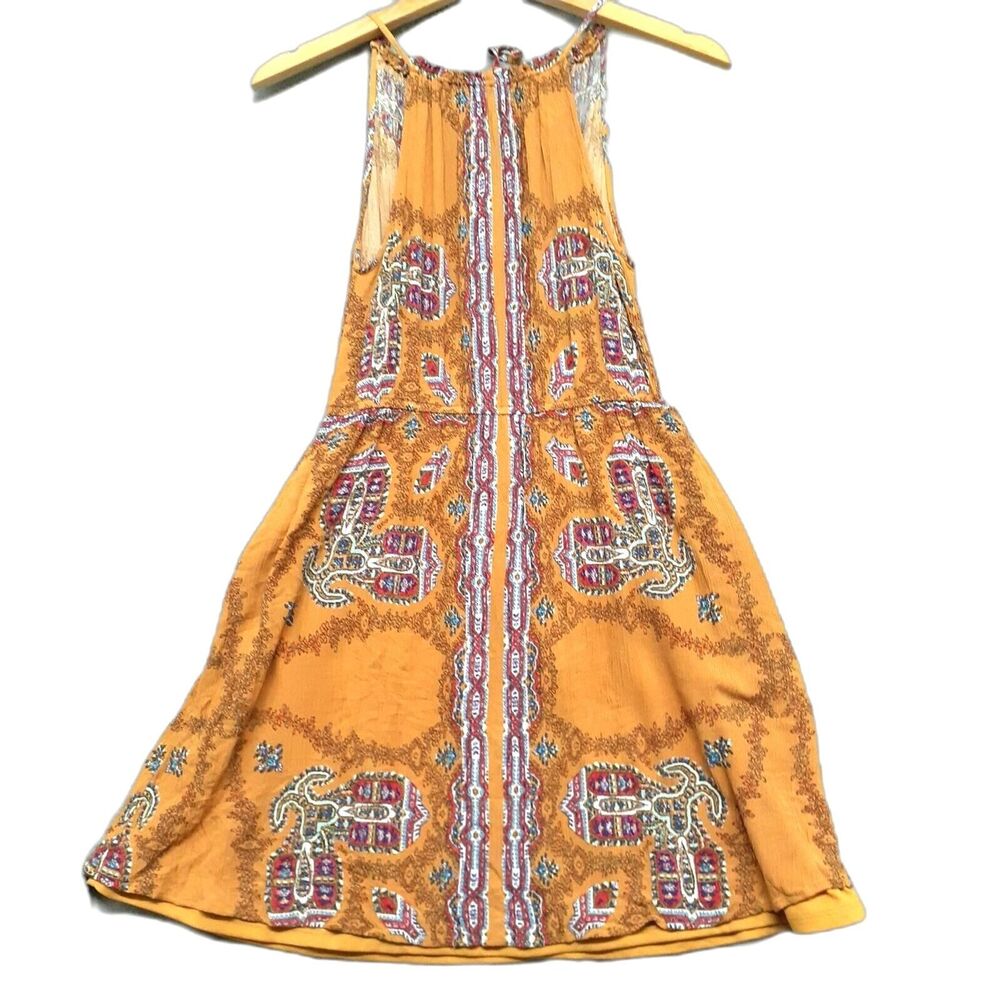 Love Fire Women Sz M Aztec Print Sleeveless Shift Dress Yellow Halter Lined